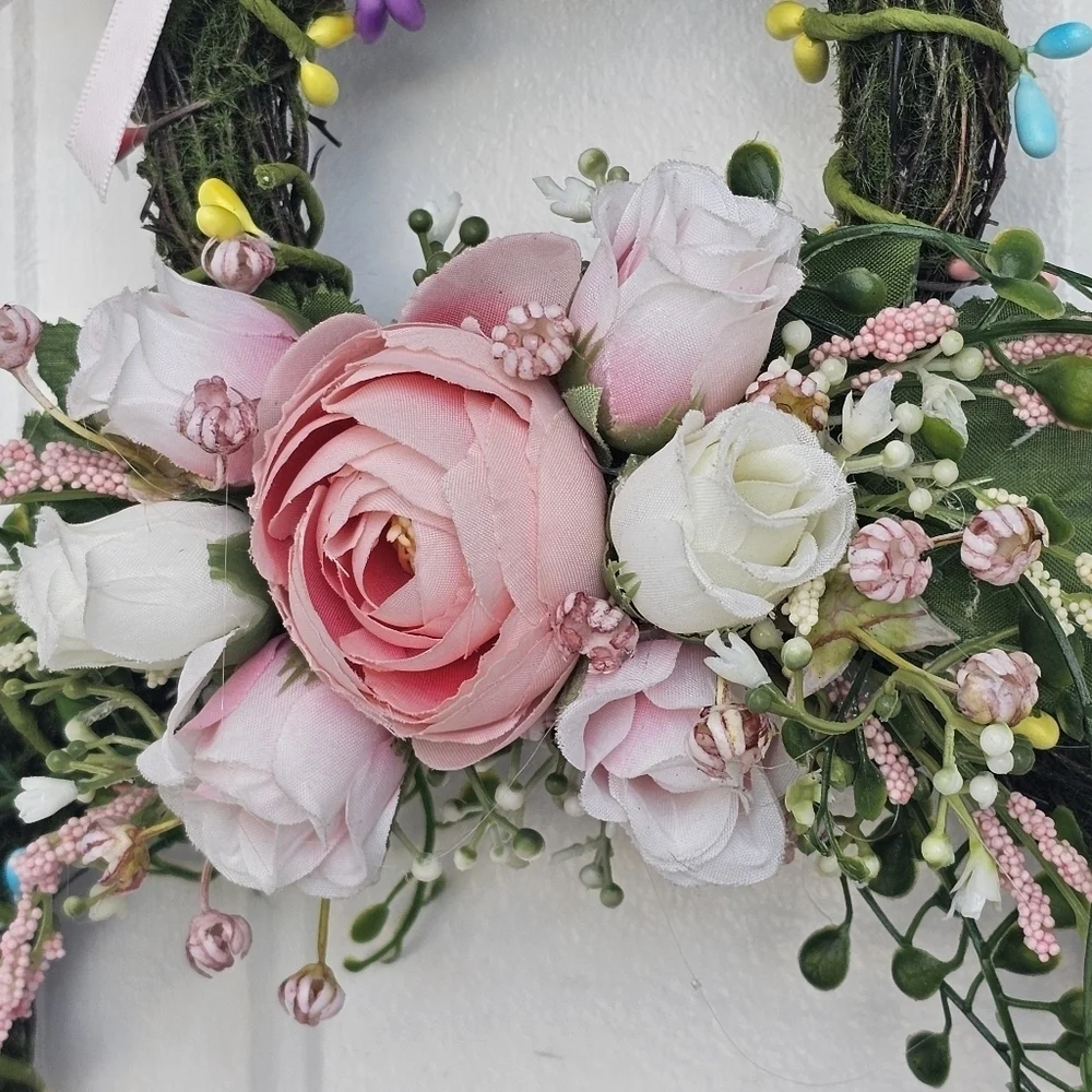 Handmade Floral bunny Spring/Easter Wreath with light pink and white florals